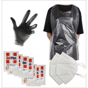 kit features 1 - Nitrile gloves and sanitizing gel
